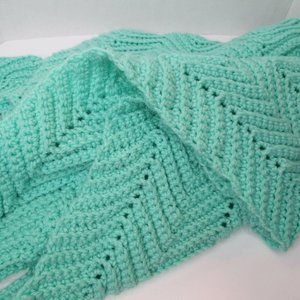 Vtg Handmade Crochet Baby Afghan Green Chevron